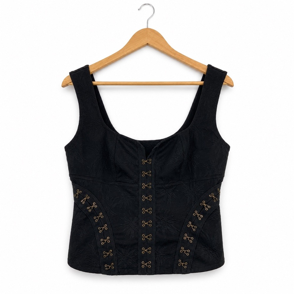 Free People Black Jacquard Corset Tank Top Hook Eye Bodice OB1090008 Womens M